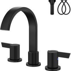 Bathroom Faucets 3 Hole,8 Inch Widespread Waterfall Bathroom Sink Faucet,2 Handles Vanity Faucet with Pop-up Drain and Supply Hose,Matte Black