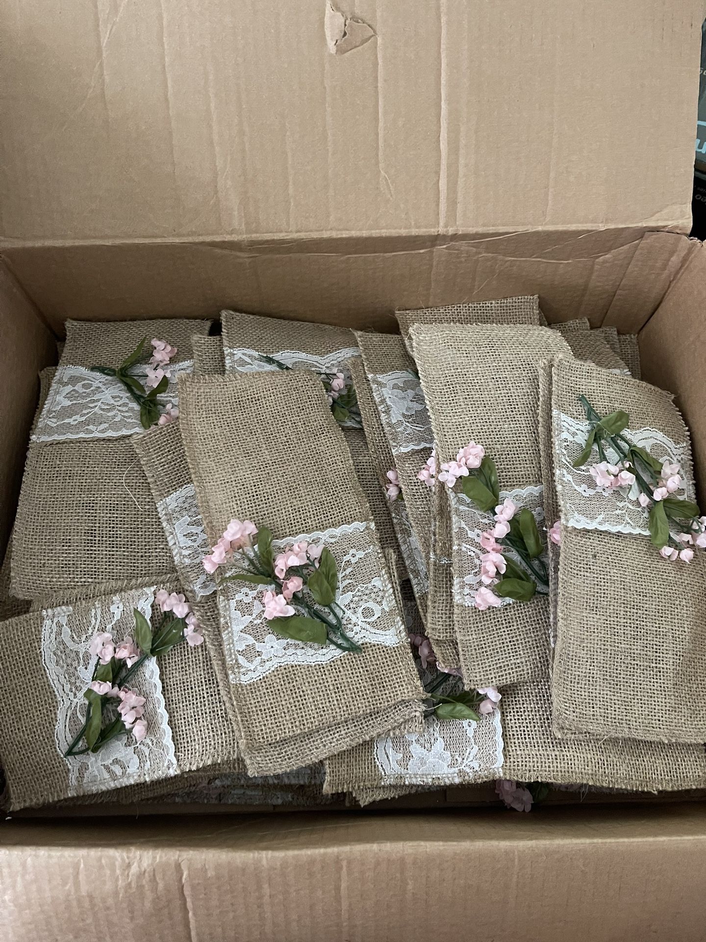 Burlap Silverware Holders With Pink Flowers (64)