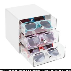 mDesign Stackable Plastic Eye Glass Storage Organizer Box Holder for Sunglasses, Reading Glasses, Lens Cleaning Cloths, and Accessories - 3 Divided Dr