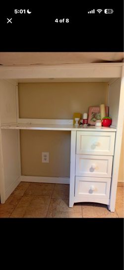 Used white loft bed with desk and storage stairs