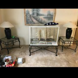 COFFEE TABLE, 2 END TABLES, AND 2 LAMPS