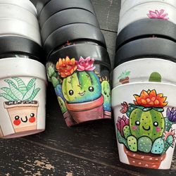 Lot Of 17 Hand Painted Terracotta Cactus Succulent Pots