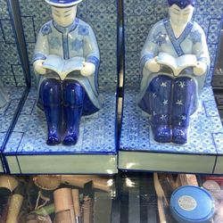 Vintage Blue Porcelain China Handpainted Bookends 