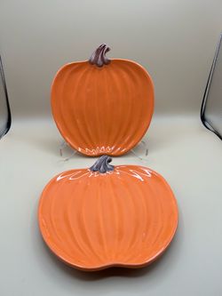 Set of 2 Orange Ceramic Pumpkin Plates