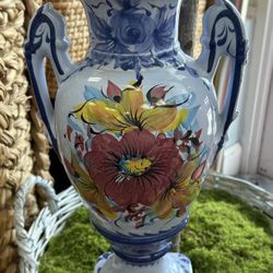 Vintage Vestal Alcobaca Portugal Hand Painted Pottery Vase 16" Tall Blue Floral