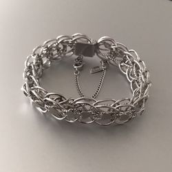 Vintage Monet Double Link Heart Silver Bracelet Signed 