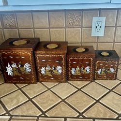 Vintage Mid Century Wooden Kitchen Nesting Canister Set — 4 Hand Painted Nesting Boxes with Chicken Design — Japan