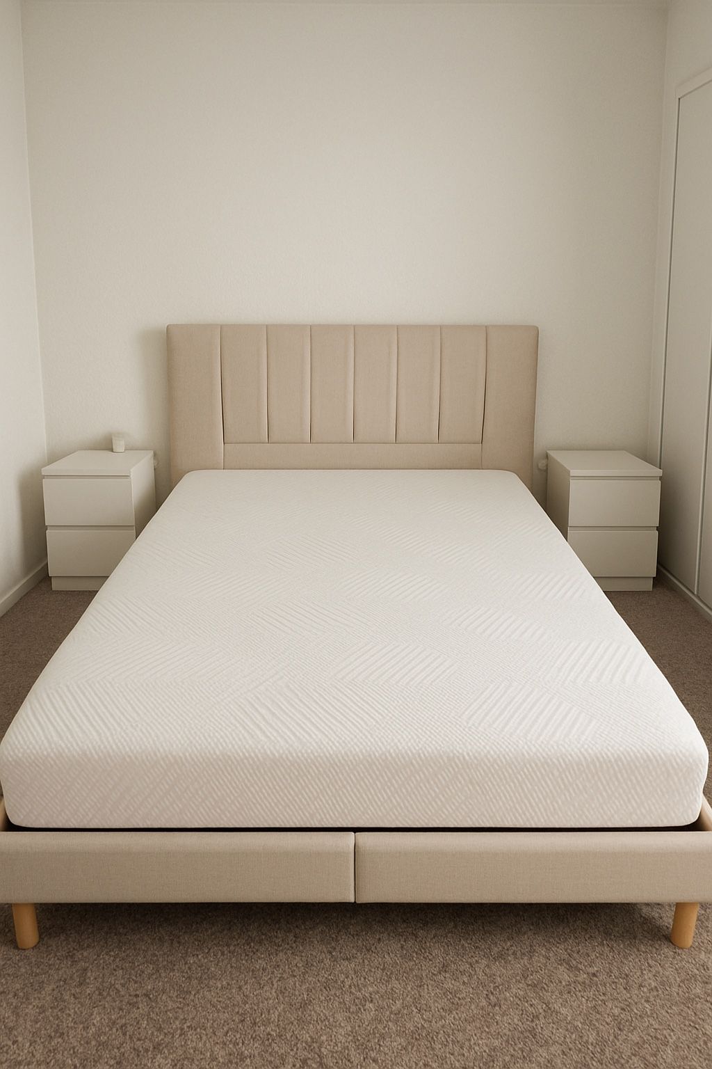 BEIGE QUEEN FRAME BED + MATTRESS