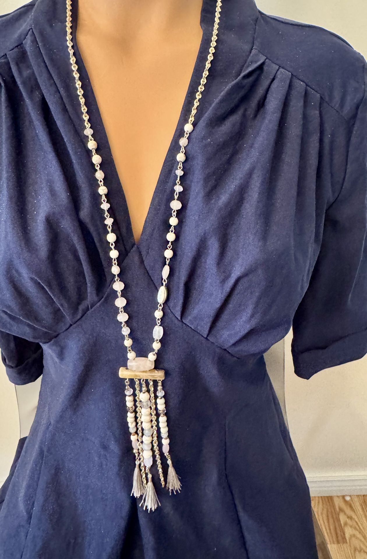 Vintage Chico's Necklace Gold Tone Cream Rose Pink Beaded & Tan Tassel 34” Long