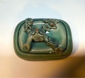 Beautiful vintage celadon green highly glazed ceramic hand embellished trinket box