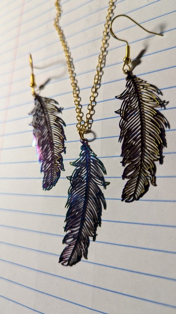 Iridescent Feather Necklace And Earrings