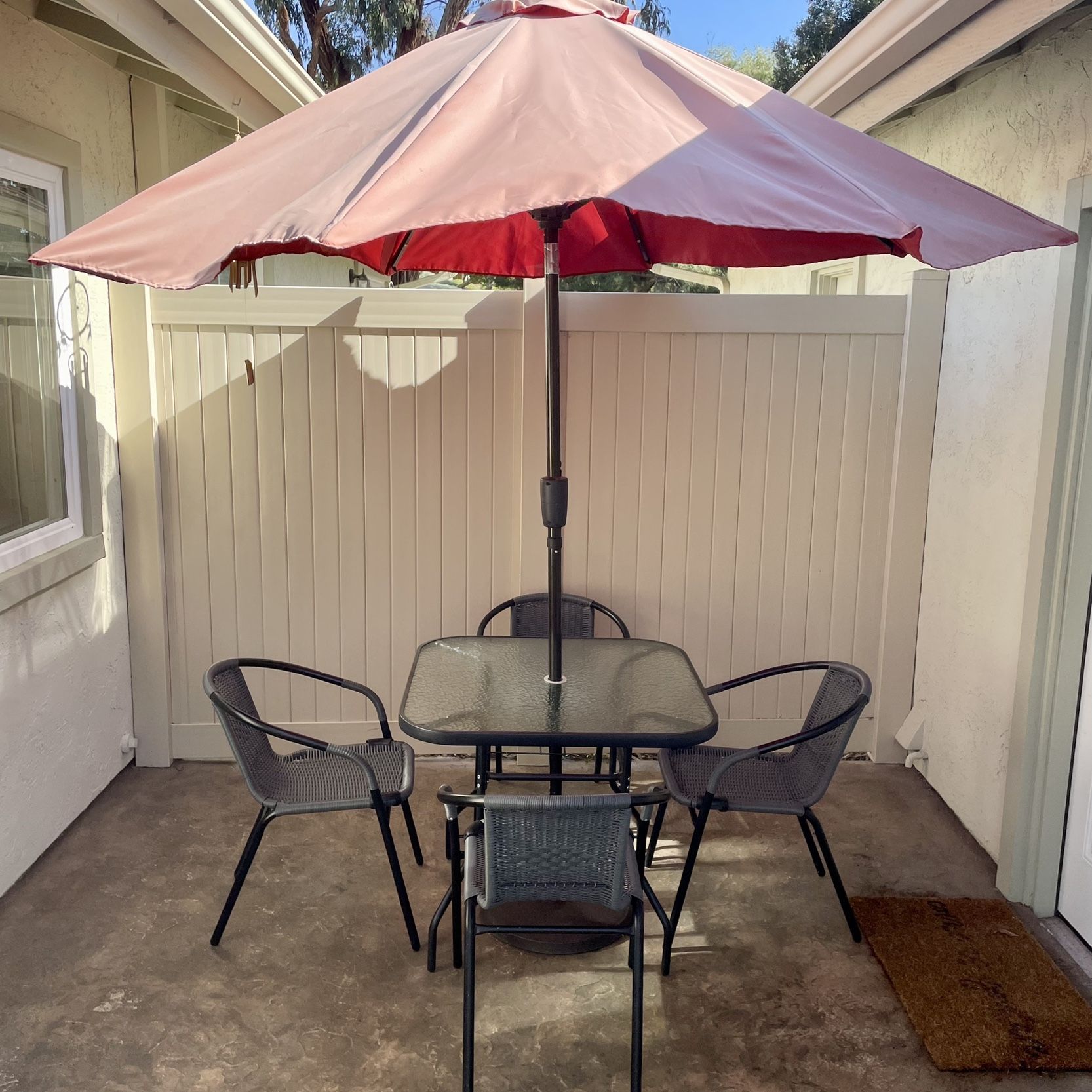4 chair patio set with umbrella for sale 6 Piece Round- Chairs, table and simply press down the lock button and attach the pole extension for quick setup in under 10 minutes MAISON ARTS 5 Pieces Metal