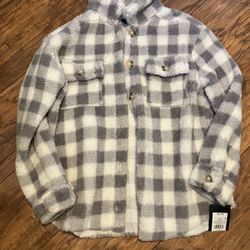 Kids Sz 14 Fuzzy Plaid Button Up Shirt, New