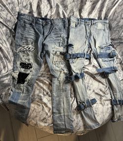 Smoke Rise Distressed Jeans Pyramid Studs Zebra Patch Details