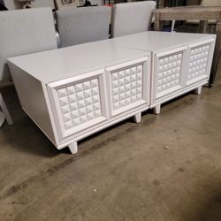 White Geometric Low Storage Cabinets, Pair