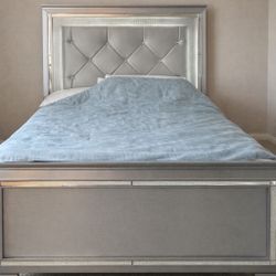 Luxury Silver Queen Bed Frame with LED Headboard - Excellent Condition