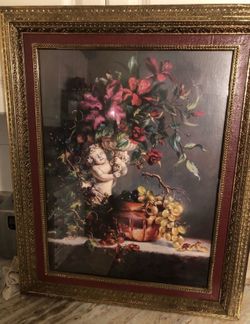 Vintage Retired Home Interior Cherub Florals-Grapes-Angel Gold Framed