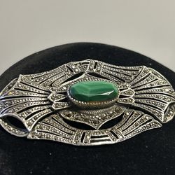 Vintage Malachite And Moissanite in .925 Brooch