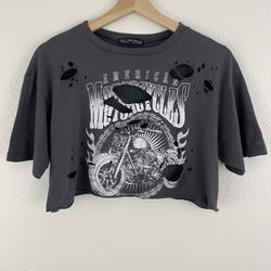 ROCK ROSE COUTURE Dark Grey American Motorcycles Distressed Cropped Graphic Tee