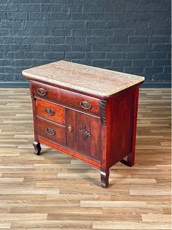 Antique Serpentine Entry Stand Dresser w/ Pink Marble Top, c.1940’s
-Delivery Available