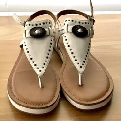 Reba’s “Maddy” - White Leather Thong Sandals Western Accents - Worn Once - Clean