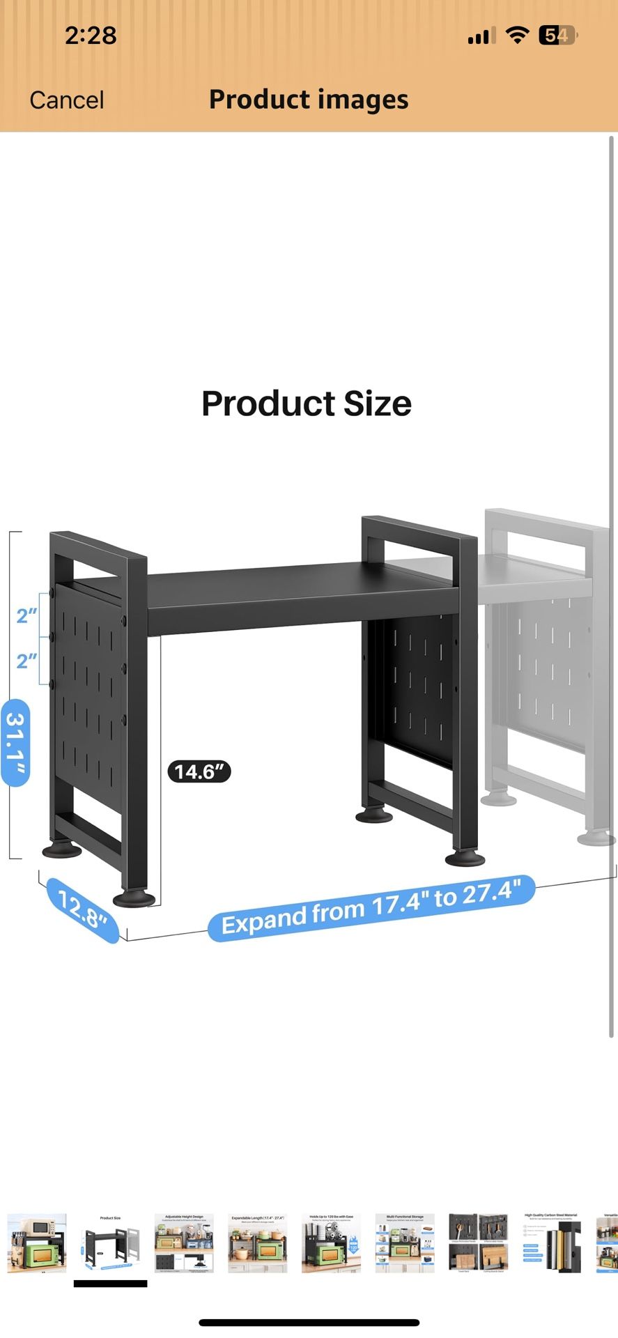 Expandable Microwave Stand Countertop, 2-Tier Adjustable Microwave Oven Rack with 8 Hooks & 2 Holders, Heavy Duty Carbon Steel Microwave Shelf for Kit
