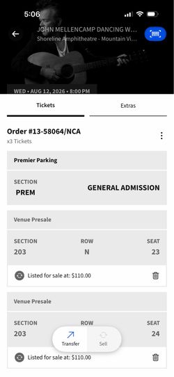 John Mellencamp Concert at Shoreline Amphitheater August 12th; 2 tickets plus premiere parking