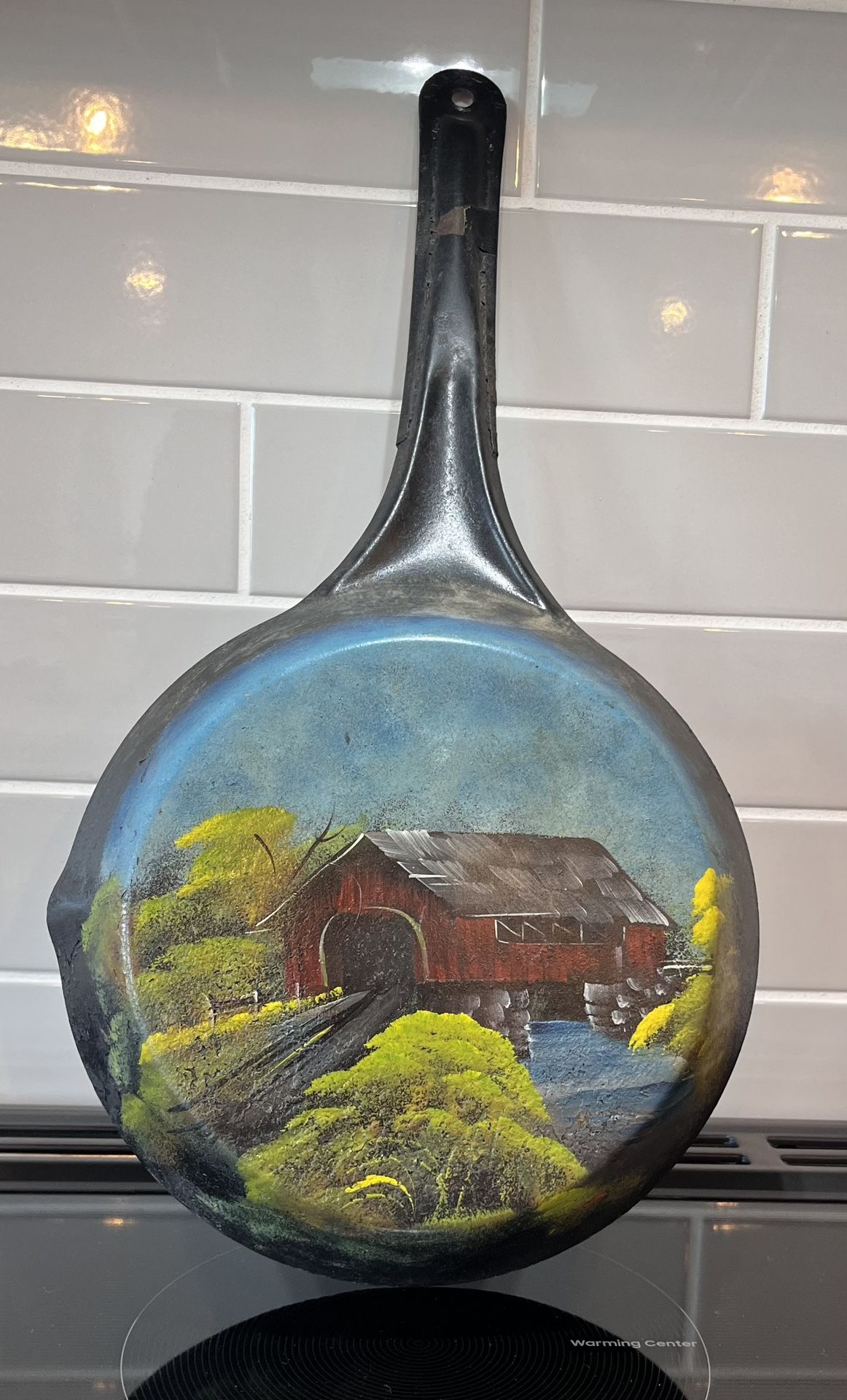 Hand-Painted Vintage Cast Iron Skillet – Covered Bridge Folk Art – Rustic Wall Décor (9”) Alternate: