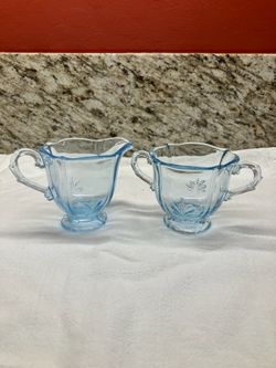  Vintage Fostoria Glass Co Creamer & Sugar Baroque Blue Azure Set 