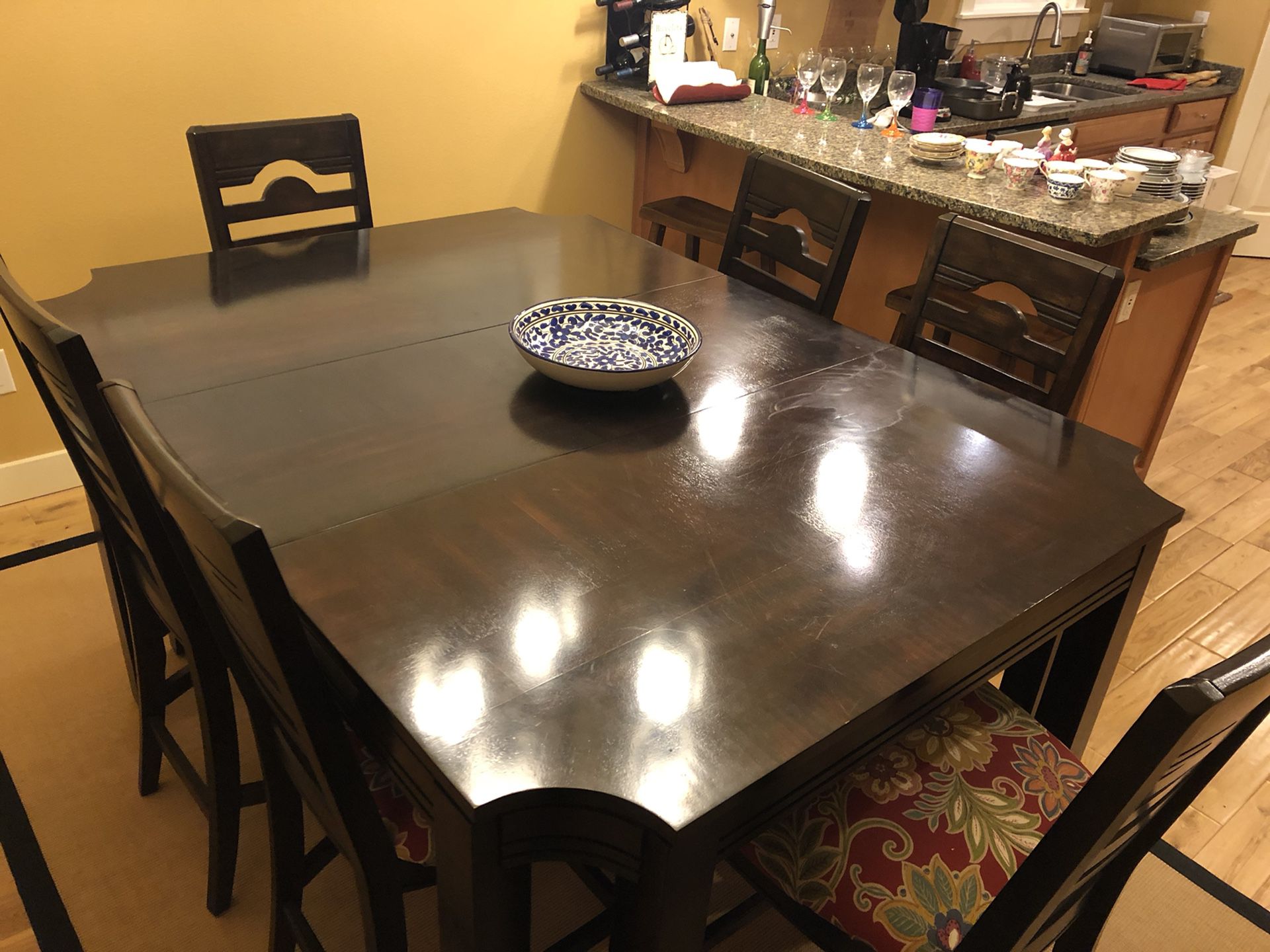 Cherry wood high dining table 6 reupholstered chairs