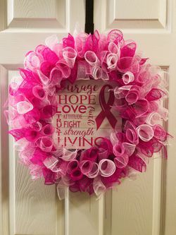 Breast cancer ribbon pink door wreath