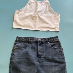 Refuge denim blue skirt with frayed hem Size L #denim skirt and top set