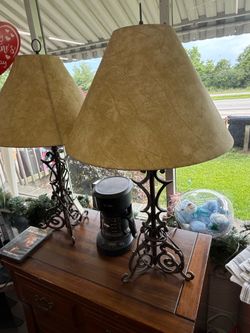Pair of Heavy Rustic Wrought Iron Style Table Lamps with Textured Shades