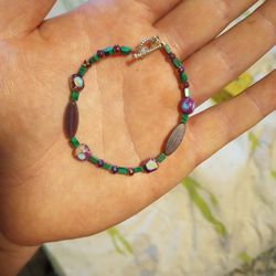 Woman's Or Children's Bracelet/Anklet Made Of Malakite Uv Reflective Glass Beads And Dyed Jasper