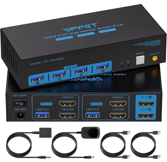 HDMI KVM Switch 2 Monitors 2 Computers 4K@60Hz USB 3.0 Dual Monitor KVM Switch