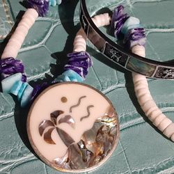 1980's PUKA SHELL CHOKER w/ ABALONE & ALPACA SILVER PENDANT/BROOCH + BRACELET Unisex