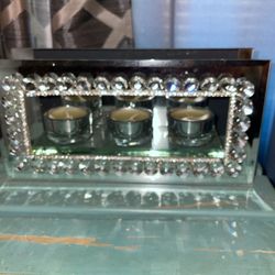 3 Tea light Candle Holder W Mirror And Crystals 