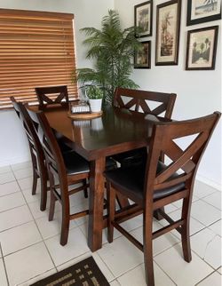 Counter Height wood Dining Table with 4 Chairs and one bench for 2 (6 seats total)