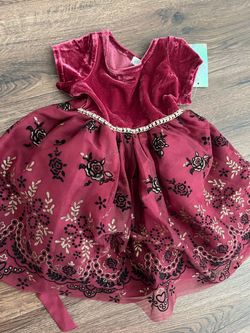 Girls Burgundy Velvet Floral Holiday Dress