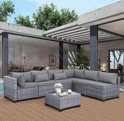 Assembled New 7 Pc Outdoor Patio Furniture Gray Cushion and wicker Conversation Rattan Set