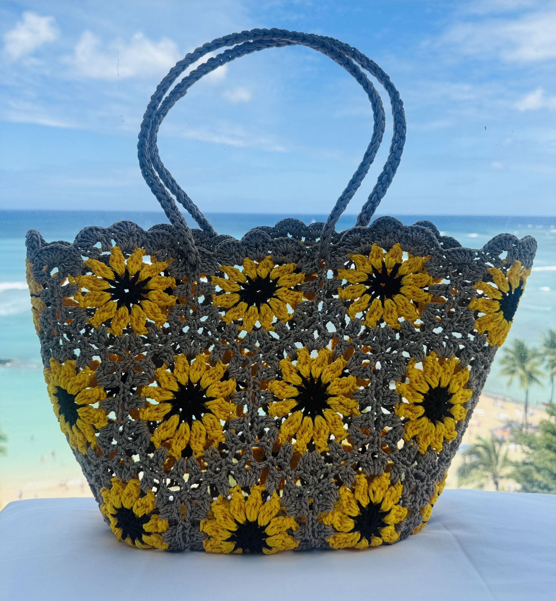 Hand Knitted Crochet Daisy Tote Bag - Large