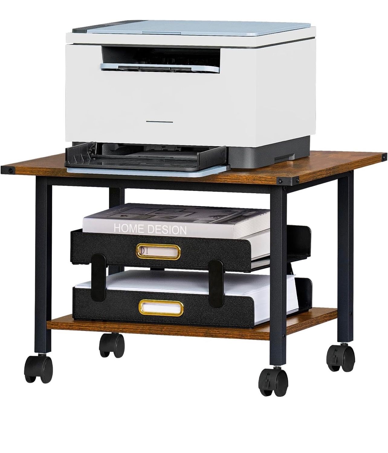 Under Desk Printer Stand, 2-Tier Mobile Printer Table w/Storage Shelf Steel Frame, Rolling Printer Cart Holder w/Lockable Wheels Brown