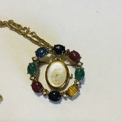 NIB MAJESTRON GOLD TONE QUARTZ 30" NECKLACE BROOCH MULTICOLORED