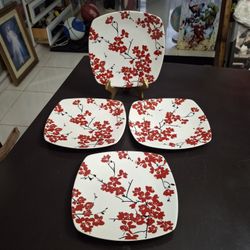 Set Of 4 Fine Porcelain China 8" Soft Square Salad Plates "Mia Blossom Red " By 222 Fifth Dishwasher And Microwave Safe 