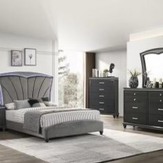New 5 Piece Bedroom Set W LED Lights.  Grey Glitter.  Free Delivery !