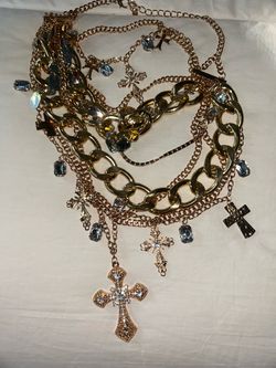 Layered Gold-Tone Cross Charm Statement necklaceNecklace