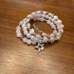 Triple Layer Hand Beaded With Star, Charm, Pink, And Pearl And Rhinestone Hearts, And Stars