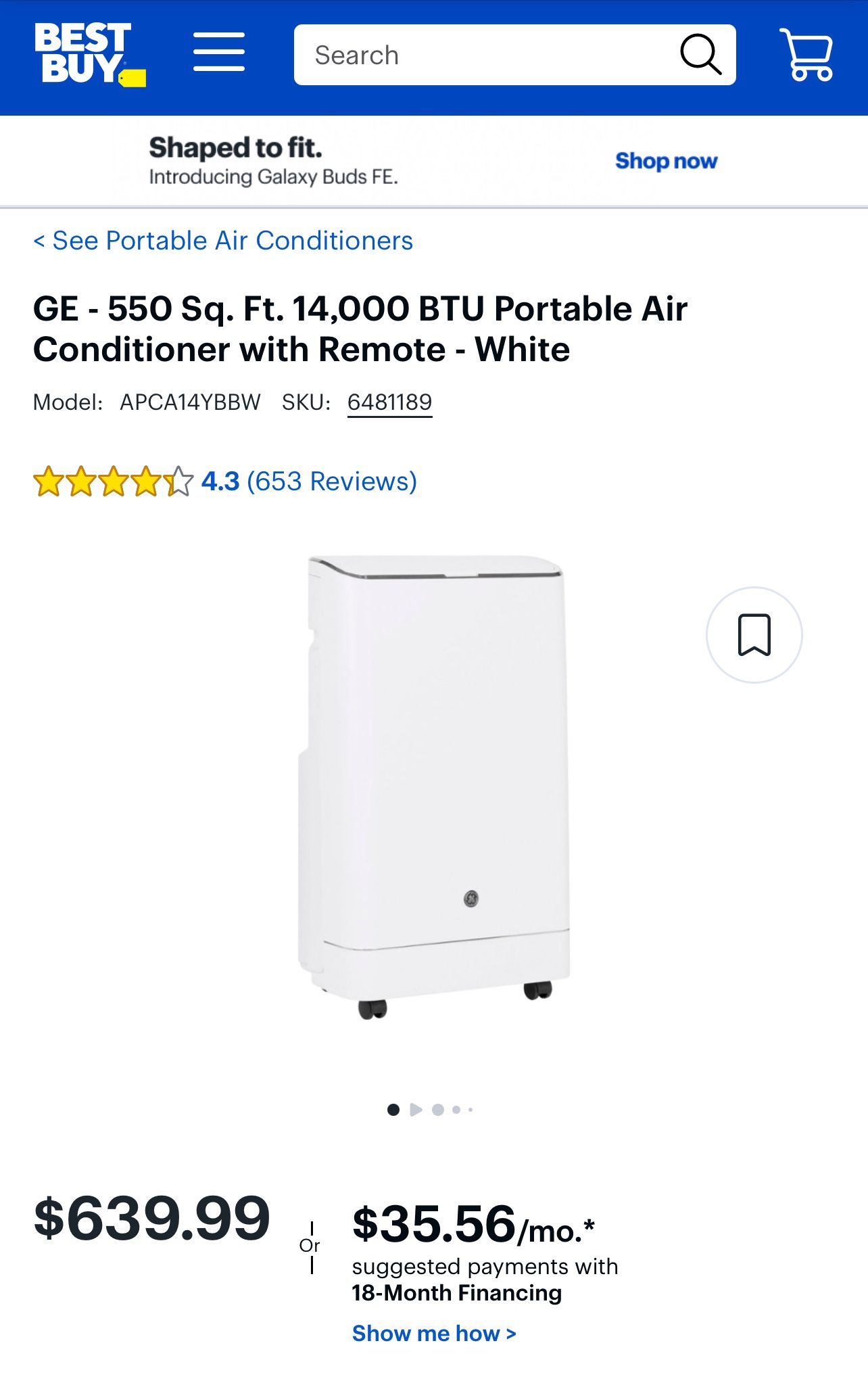 GE 14,000 BTU Portable Air Conditioner 3-in-1 with Dehumidify, Fan, and Auto Evaporation