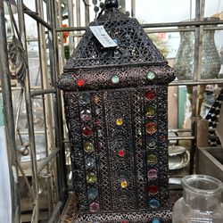 Metal Lantern With Color Rocks 