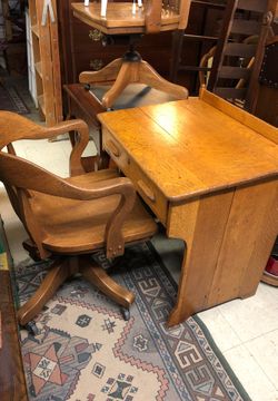 Oak school desk and oak swivel office chair